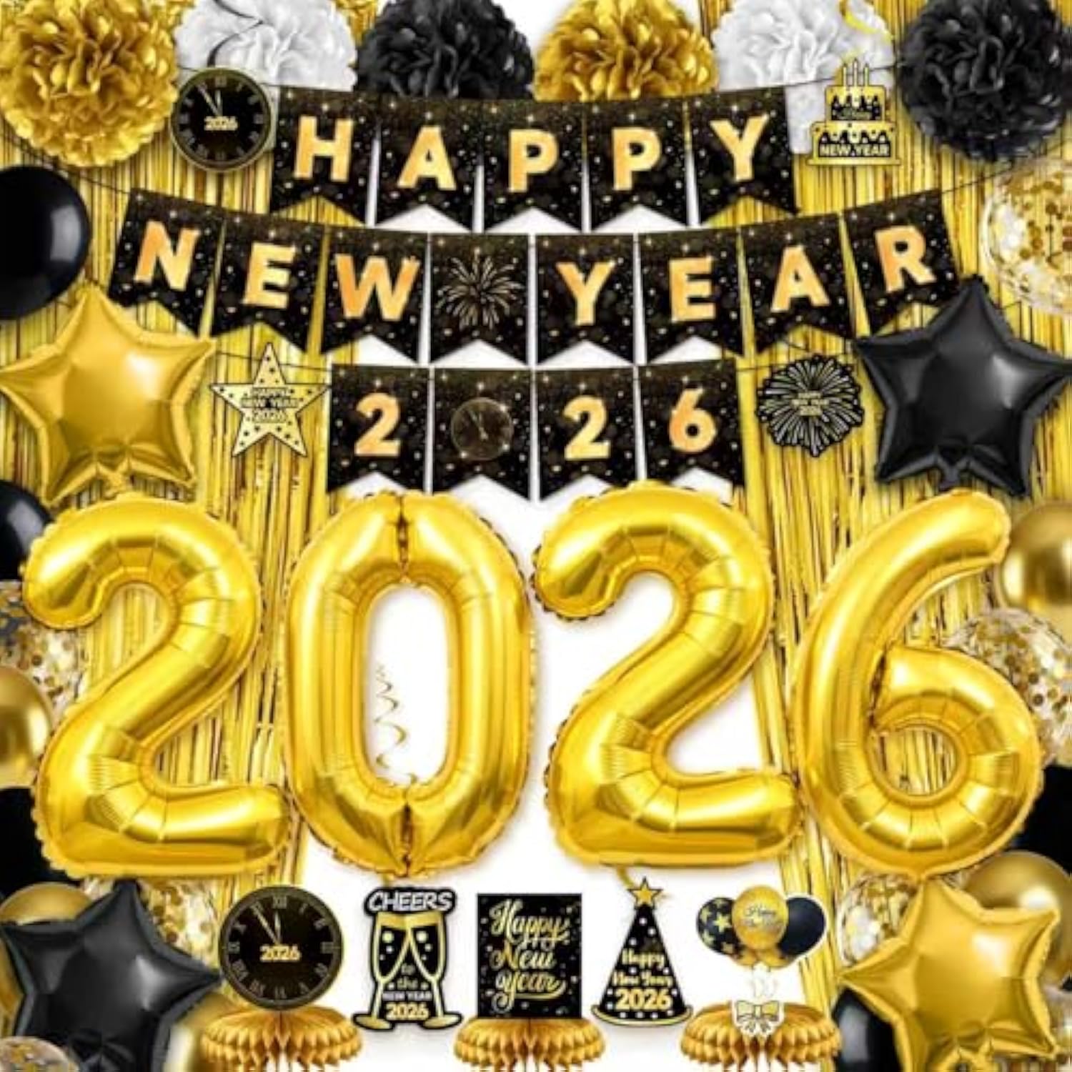 Black Gold New Year 2026 Party Decorations with Banner, Balloons & Backdrop