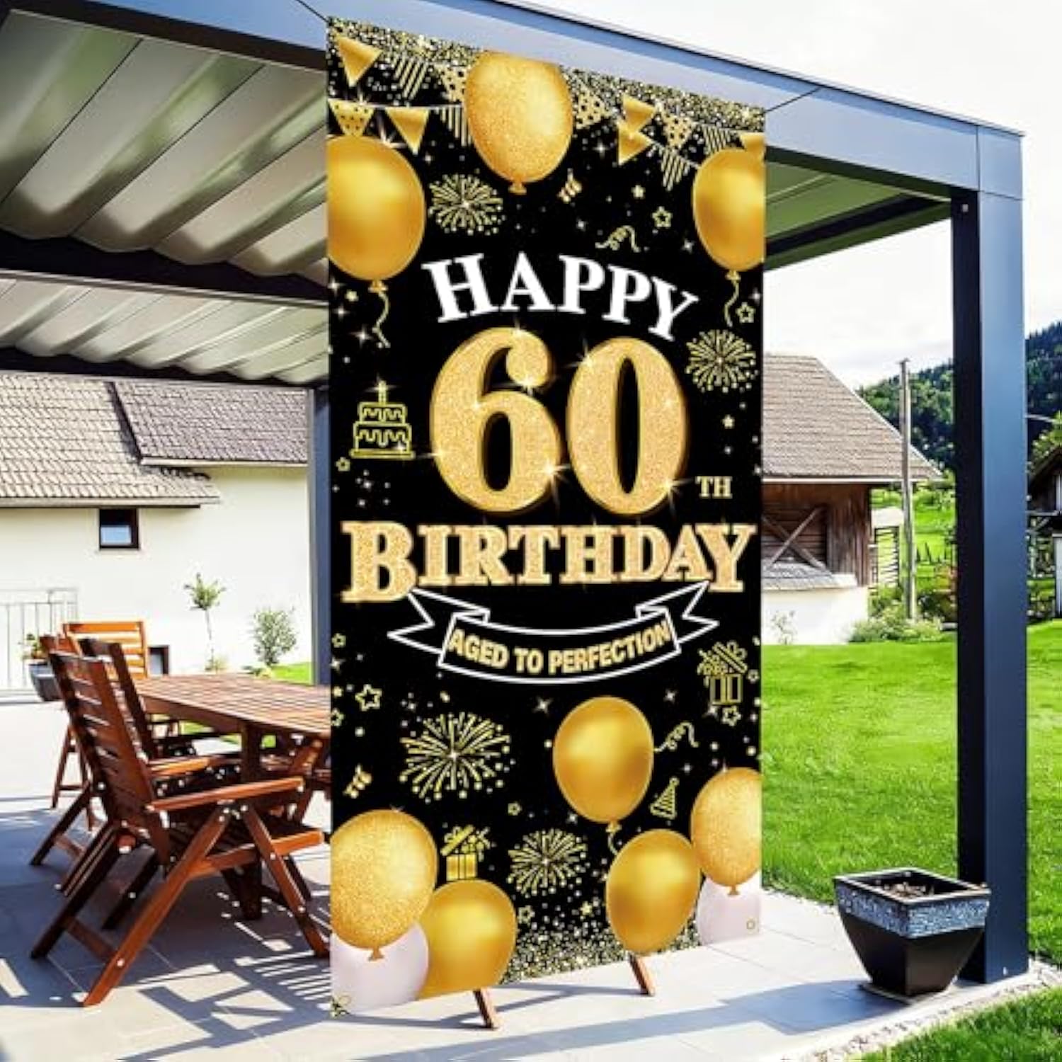 60th Birthday Decorations Black Gold Banner Backdrop for Indoor Outdoor Party