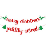 Red Glittery Merry Christmas Banner, Merry Christmas Ya Filthy Animal Banner, Christmas Party Holiday, Ugly Sweater Christmas Party Decorations, Christmas Dinner, Mantle Home Decor,Xmas Sign Decor