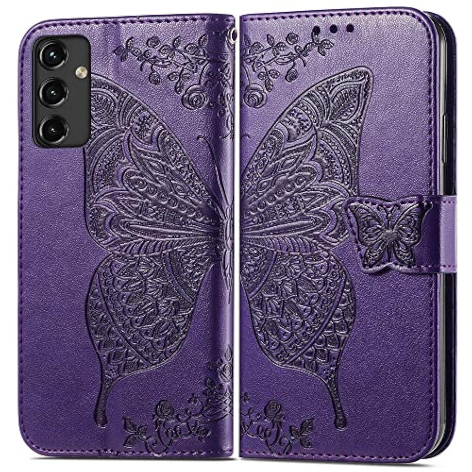 For Galaxy A14 5G Phone Case Wallet,Women Flip Folio Butterfly Embossed Pu Leather With Credit Card Holders Kickstand Wrist Strap Purse Cover For Samsung A14 5G 6.6 Inch (Purple)