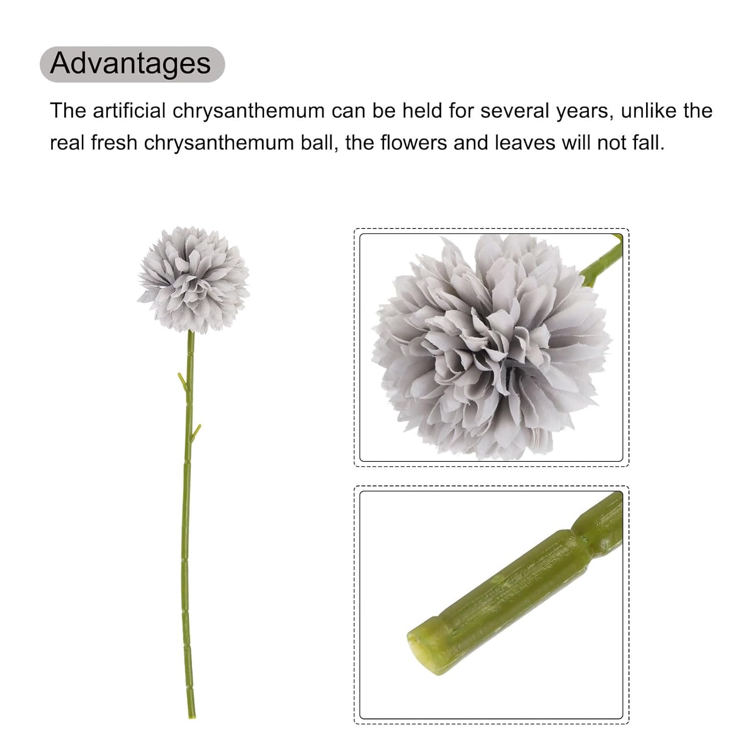 Artificial Flower Heads, Silk Chrysanthemum Ball Hydrangea Grey Faux Flowers For Diy Craft Wedding And Party Decoration Pack Of 10