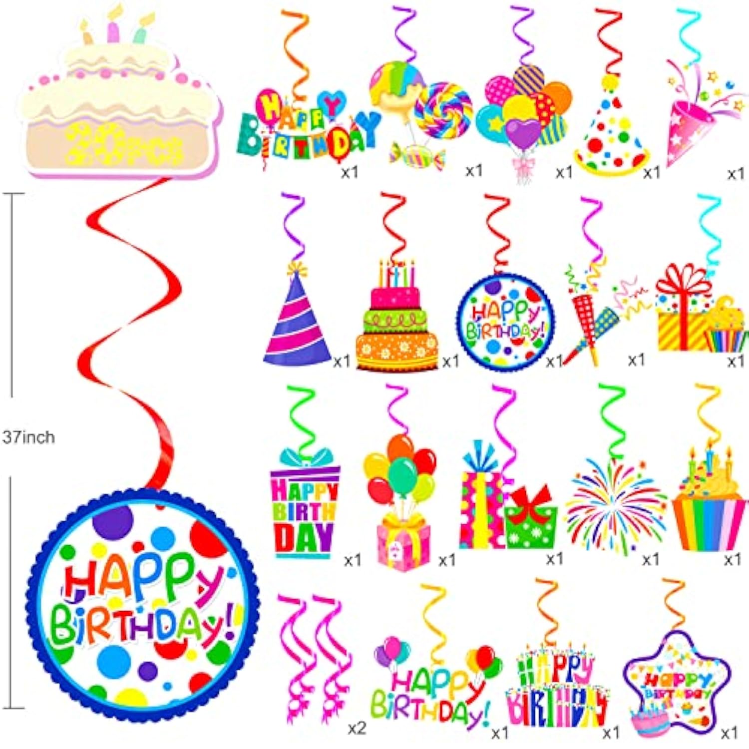 20PCS Happy Birthday Hanging Swirls with Cupcakes, Balloons & Sign for Parties