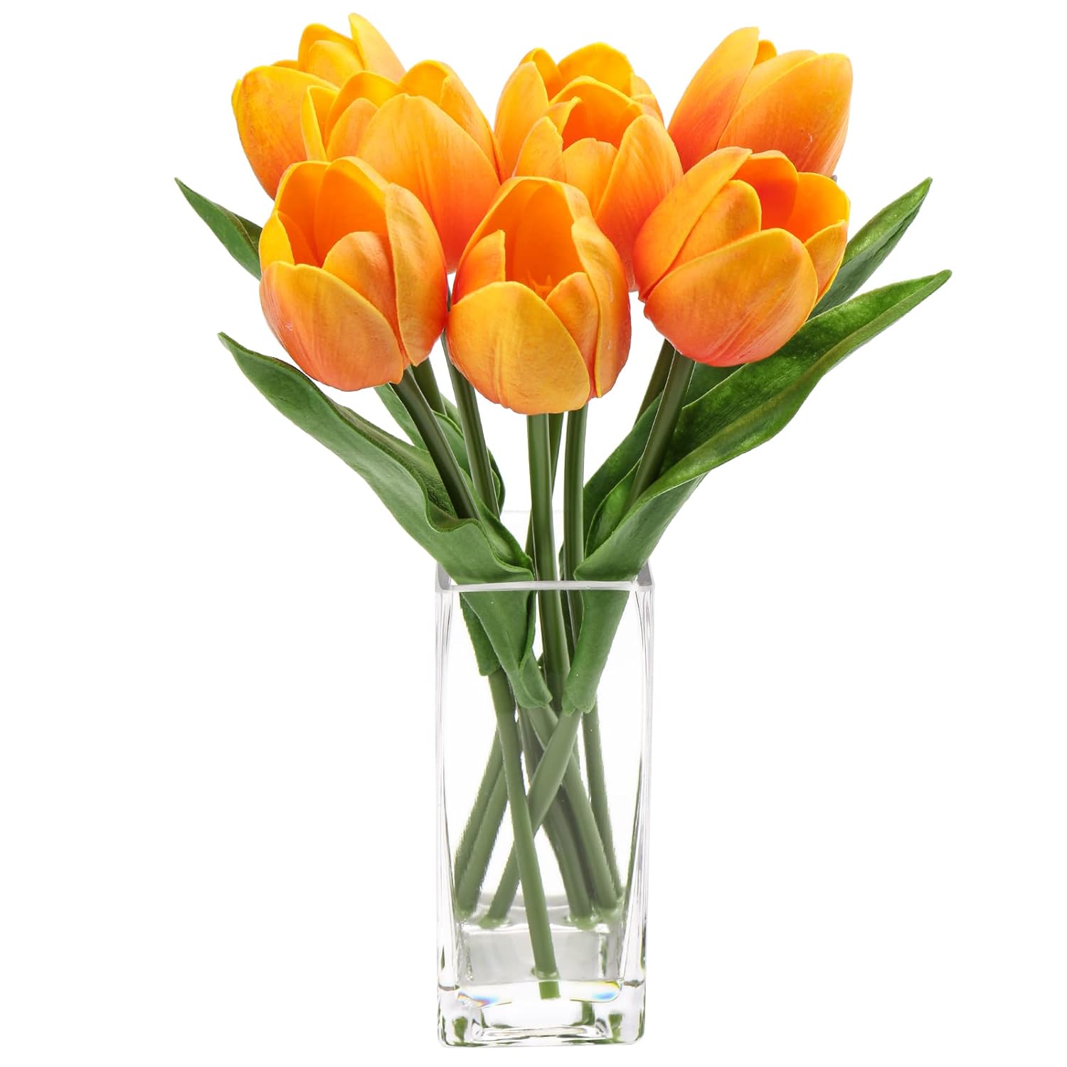 Fake Flowers Artificial Tulip Flower Orange In Clear Vase, Real Touch Foam Tulip Arrangement Suitable For Home Office Decoration, Dining Table Centerpiece
