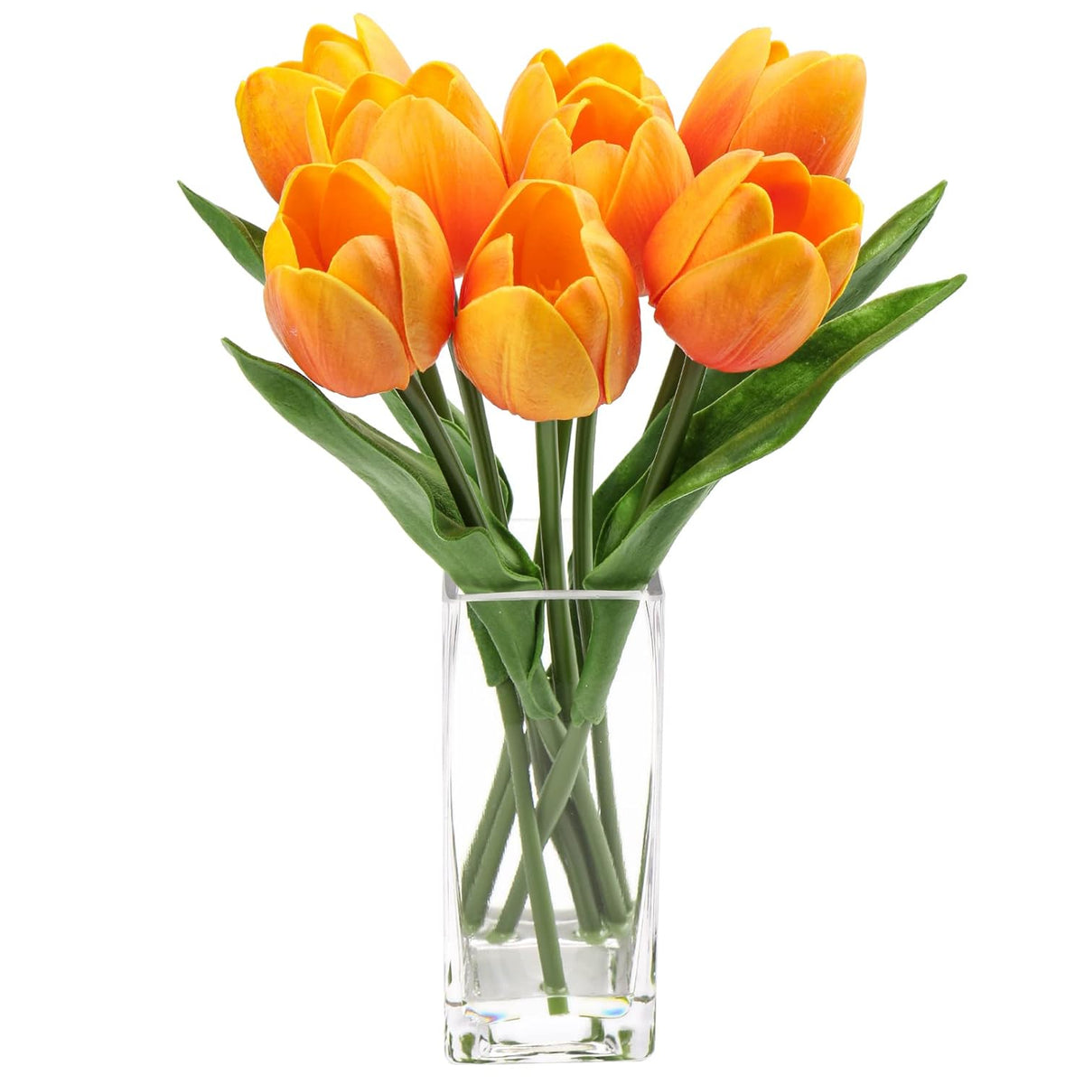 Fake Flowers Artificial Tulip Flower Orange In Clear Vase, Real Touch Foam Tulip Arrangement Suitable For Home Office Decoration, Dining Table Centerpiece