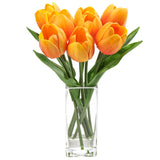 Fake Flowers Artificial Tulip Flower Orange In Clear Vase, Real Touch Foam Tulip Arrangement Suitable For Home Office Decoration, Dining Table Centerpiece