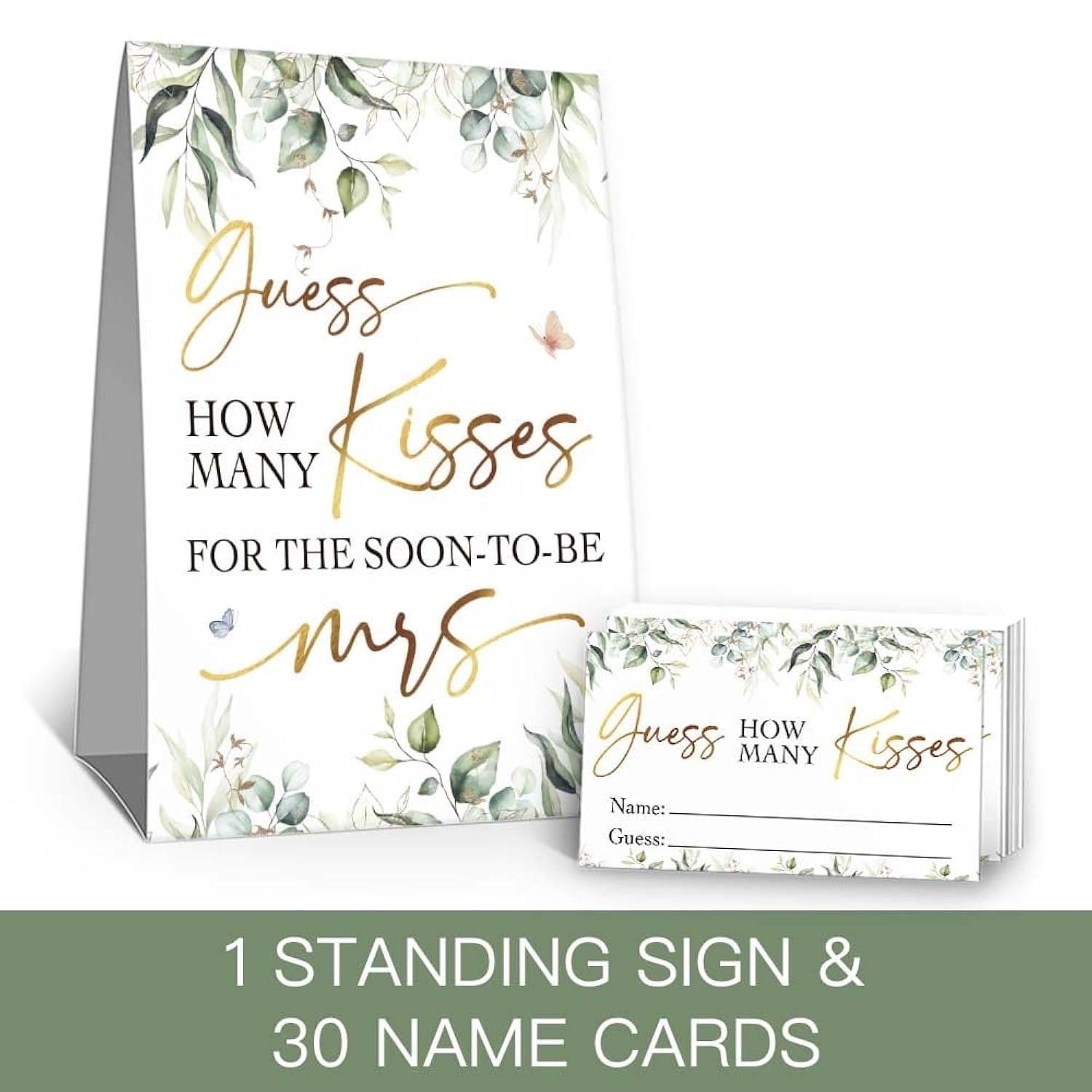 Greenery Guess How Many Kisses Bridal Shower Game - 1 Sign + 50 Cards Set, Bridal Shower Games, Bachelorette Party Night, Bridal Shower Games Ideas