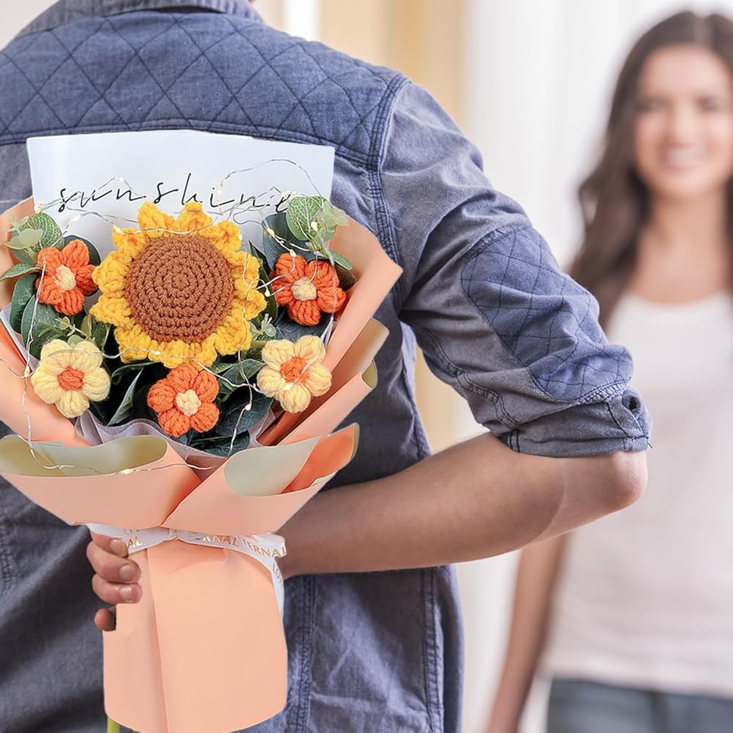 Crochet Flower Sunflower Bouquet - Handmade Artificial Flower For Festival Wedding Graduation Anniversary - Knitted Sunflower Bouquet For Women (Orange)