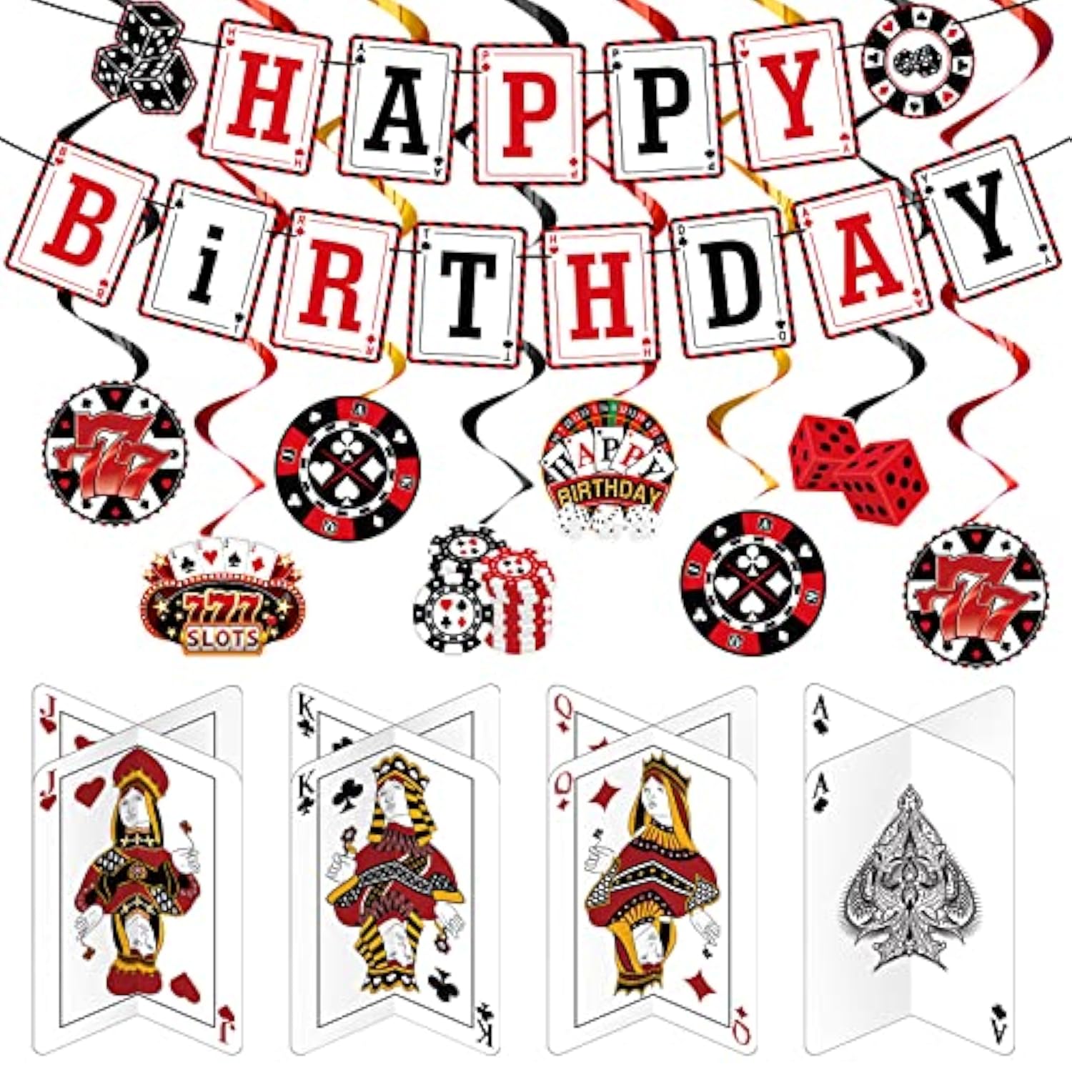 17 Pieces Casino Poker Theme Party Decorations Casino Birthday Banner Hanging Swirl 3D Table Toppers Decorations For Poker Party Supplies