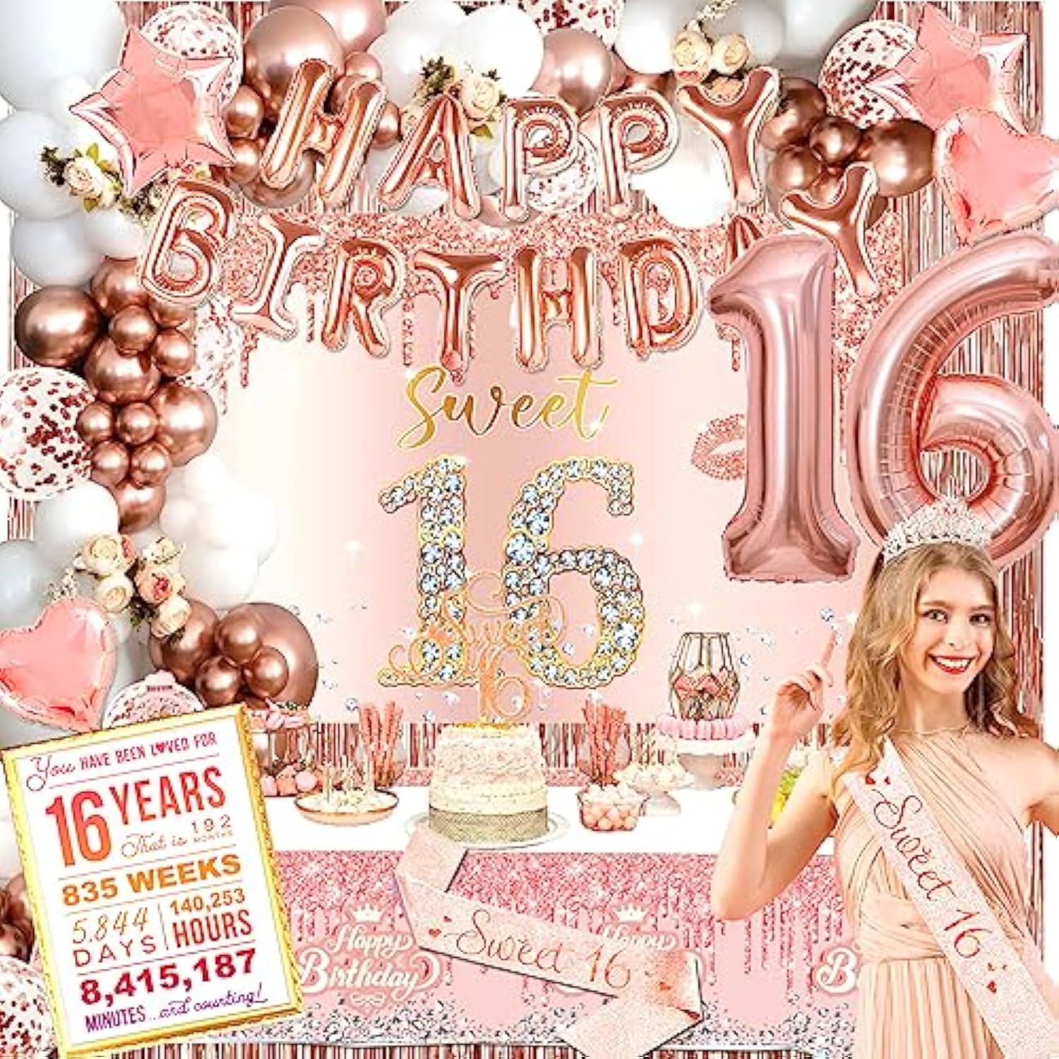 Rose Gold Sweet 16 Decor Set with Sash, Backdrop, Balloons & Cake Topper