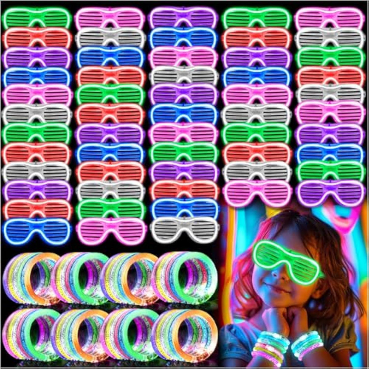 100pcs Light Up Glasses & LED Bracelets 6 Colors 3 Modes Glow Party Favors
