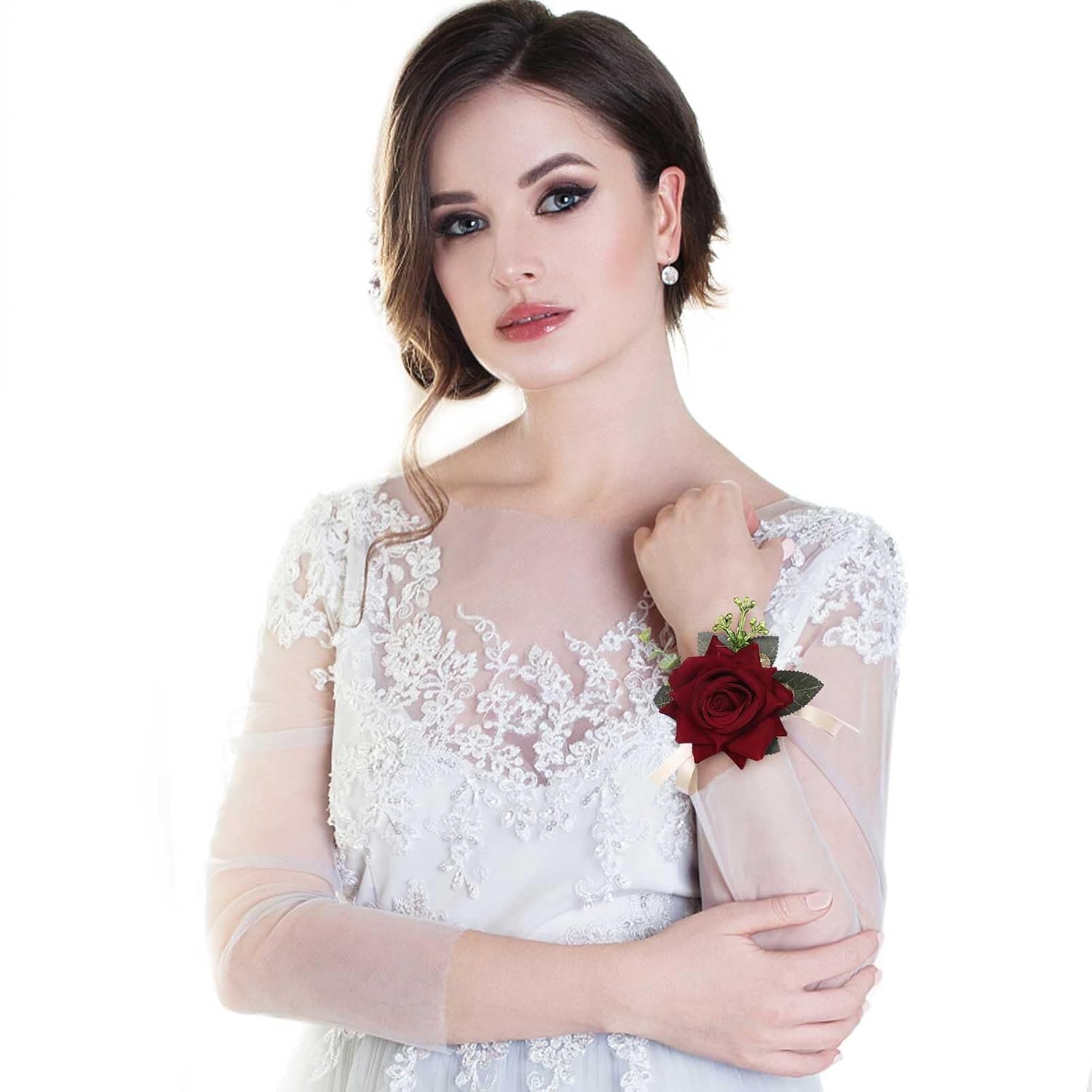 Burgundy Wrist Corsage Wristlet For Wedding Bridesmaid Rose Flower, Bride Hand Flower For Bridal Shower, Anniversary, Prom Party Decorations