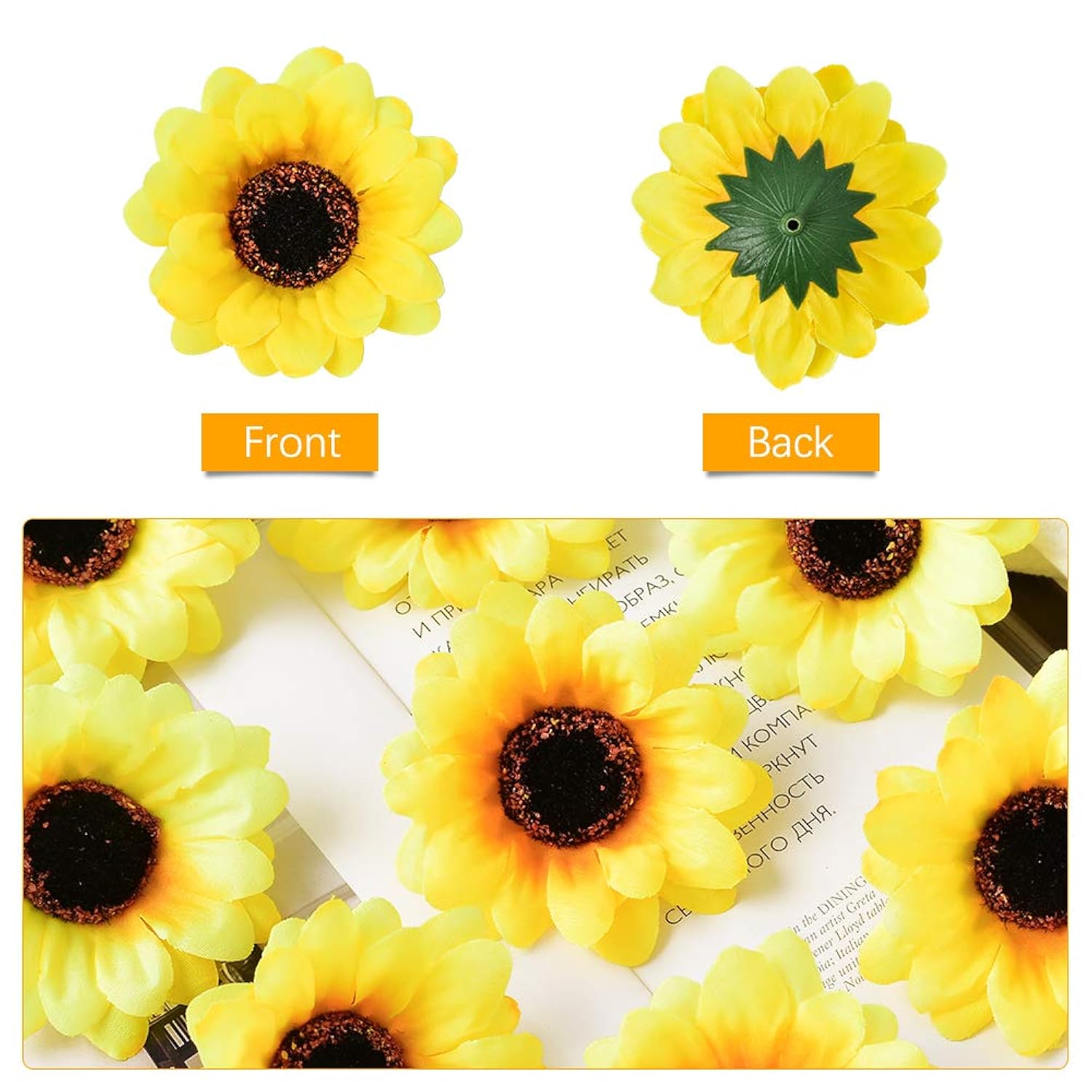 50Pcs Artificial Silk Yellow Sunflower Heads, 2.8" Fabric Floral Supplies For Wedding Engagement Home Party Decor Hair Clip Wreath Decorative Diy Craft