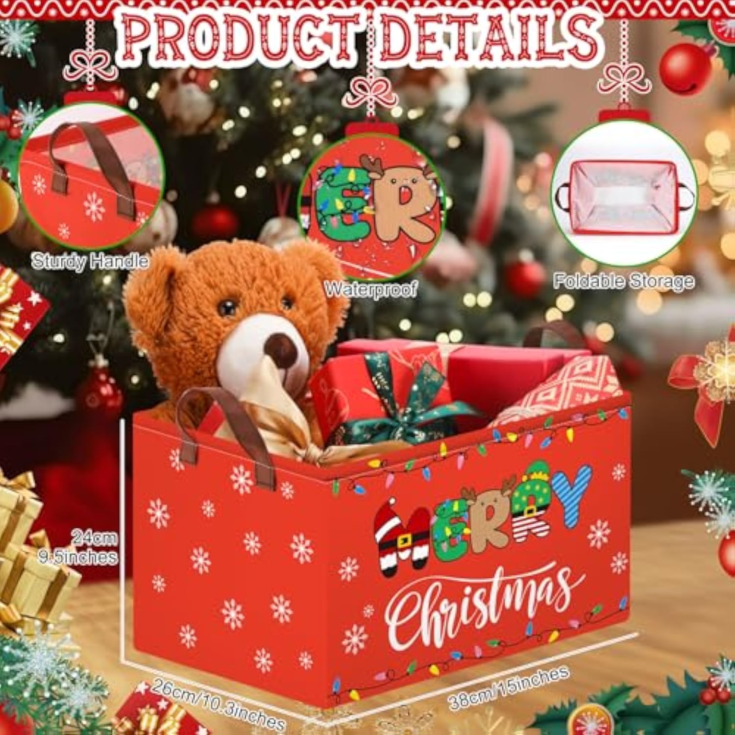 3 Pack Christmas Storage Bin Collapsible Large Christmas Storage Baskets For Gifts Empty Canvas Laundry Basket Foldable Box With Handle For Office Home Bedroom Clothes Shelf Candy Holiday Decor