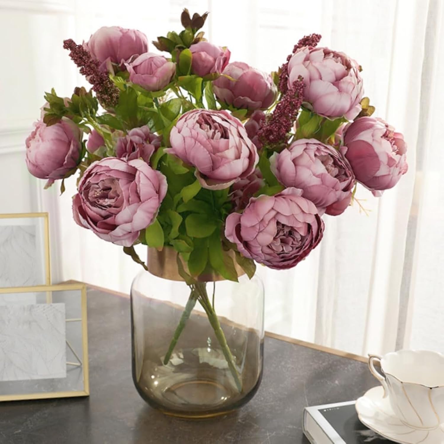 2 Packs Artificial Peony Flowers Silk Peonies Fake Flower Bouquet Arrangements For Home Wedding Party Decoration (Sweetened Bean)