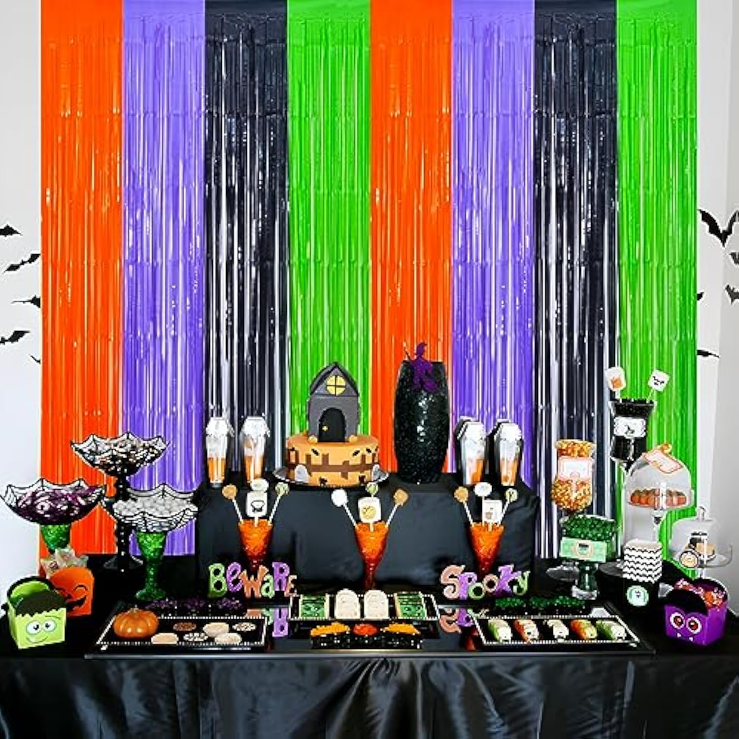 Pack of 2 Halloween Foil Fringe Curtains Backdrop Orange Purple Black Green with Bats
