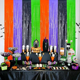 Pack of 2 Halloween Foil Fringe Curtains Backdrop Orange Purple Black Green with Bats