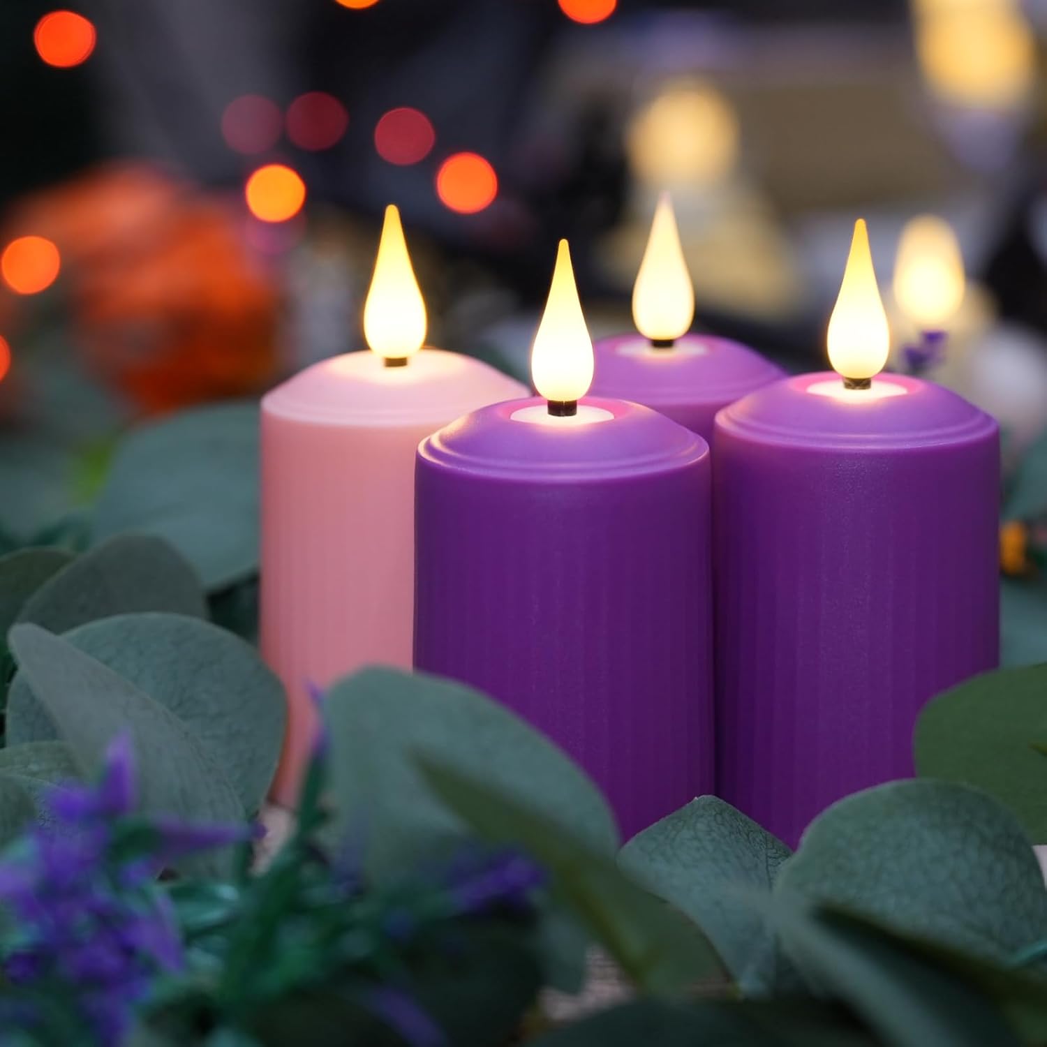 Flameless Advent Candles Purple And Pink, 4 Inch Battery Operated Led Advent Pillar Candles With Remote Timer, 350+ Hours Long Lasting Candles For Christmas Advent Rituals And Wreath,Set Of 4