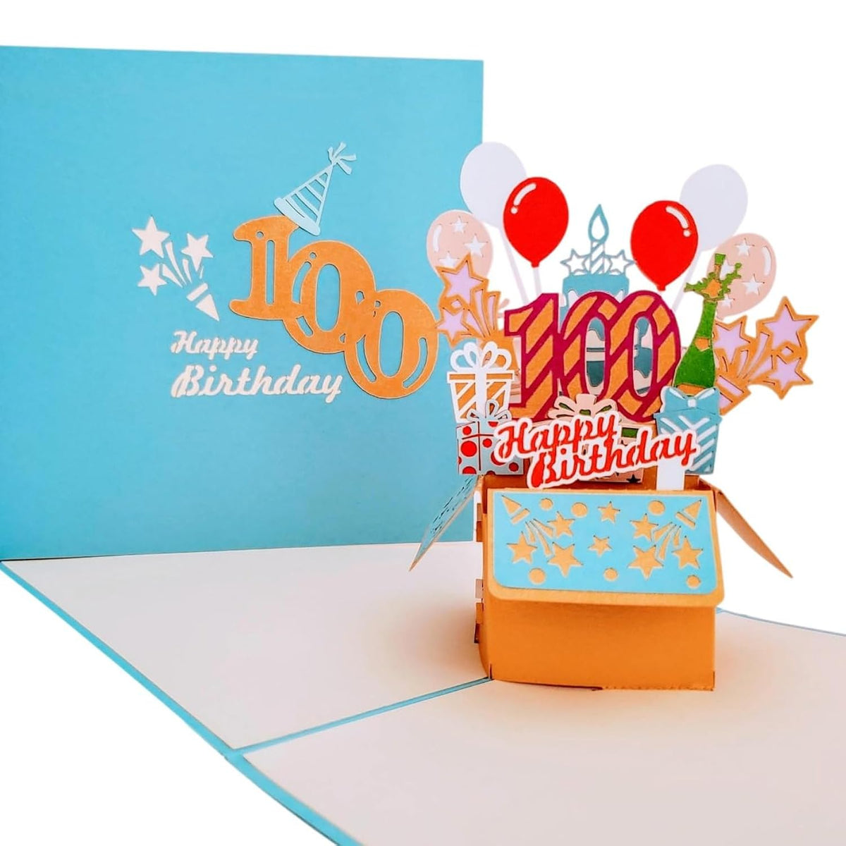 100Th Birthday 3D Pop-Up Card – Blue Party Box Celebration With Balloons, Cake, Champagne & Gifts – Milestone Keepsake For Grandparents, Parents, Friends, Or Loved Ones – 6" X 6"