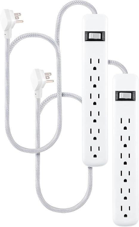2 Pack Surge Protector Power Strip 6 Outlets 2FT Braided Flat Plug Extension Cord 245J White