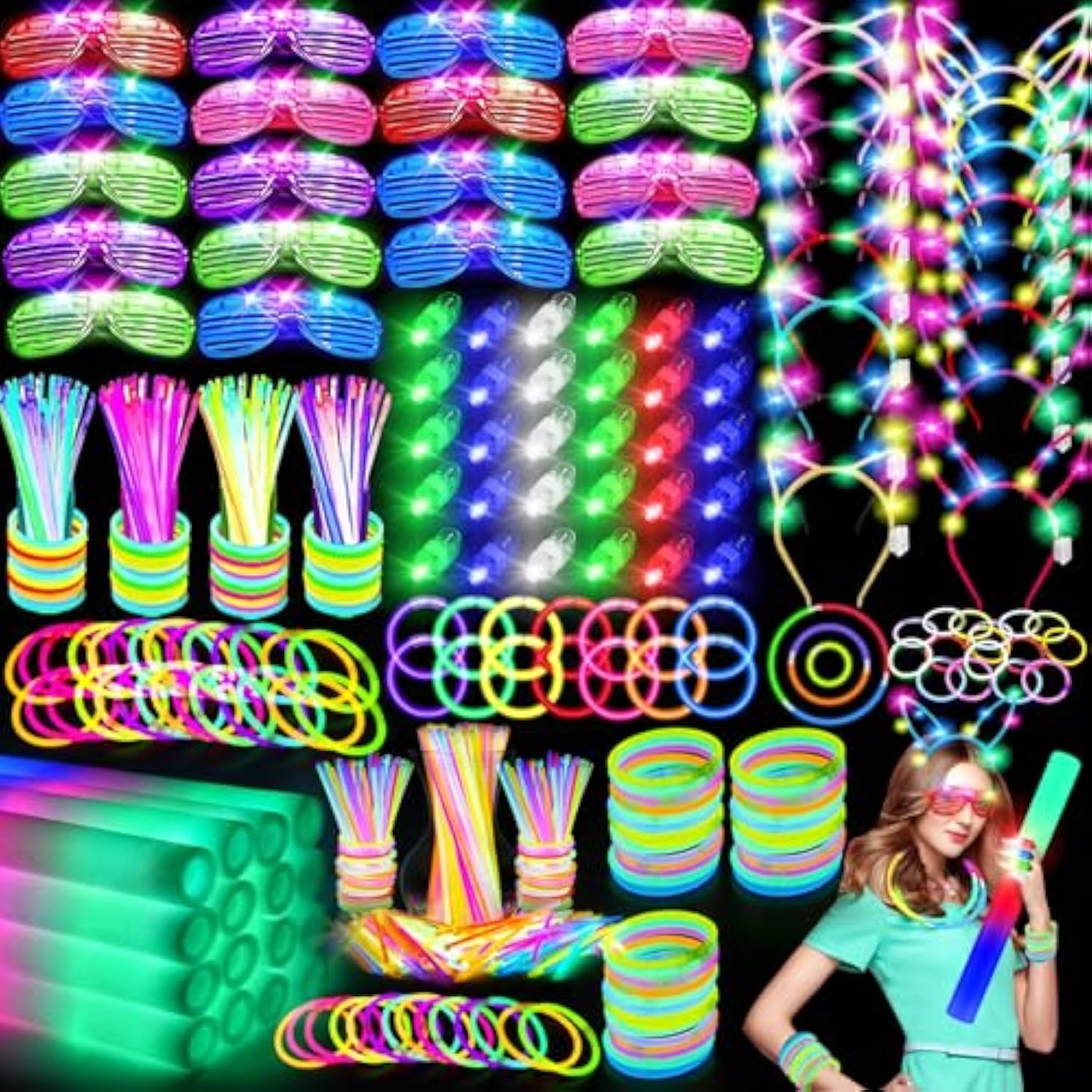 282 Pcs Glow In The Dark Party Supplies, 18 Foam Sticks, 18 Led Glasses, 200 Glow Sticks, 30 Finger Lights, 8 Bunny Ear Headband And 8 Led Cat Ear Headband For Wedding,Birthday,Concert,New Year