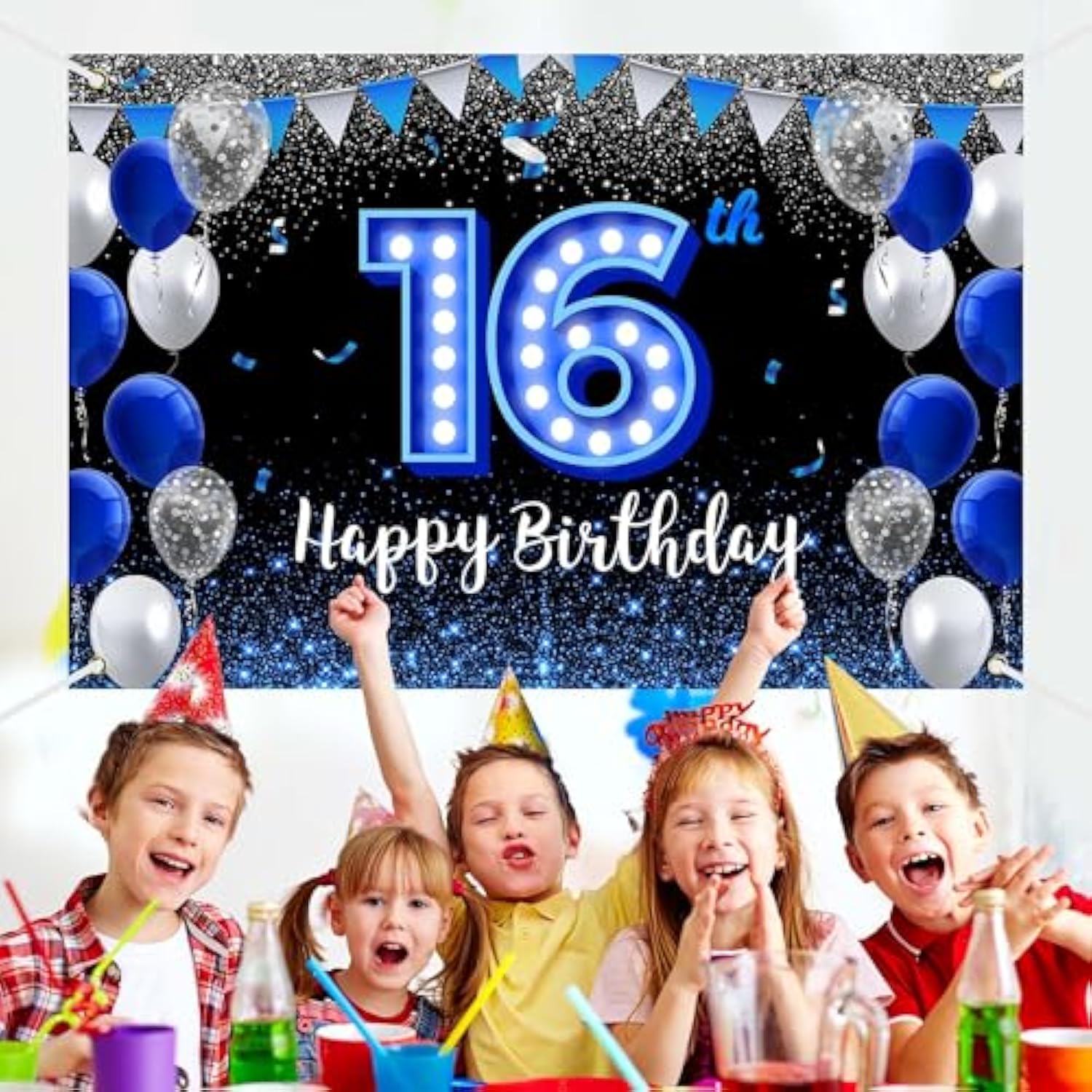 Happy 16Th Birthday Backdrop Banner Blue Black Theme Background With Blue Neon Light Shiny Fashion Birthday Party Photo Photography Prop Booth Background For Boys Girls Celebration 70.8X47.2In-
