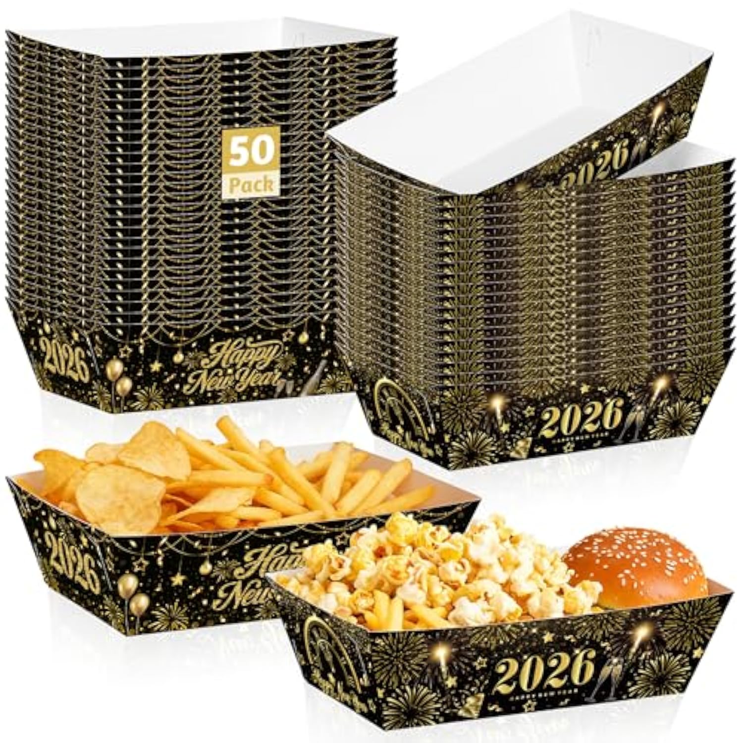 50 Pcs Black Gold New Year Eve Food Trays 5.94x3.34x2.16in Disposable