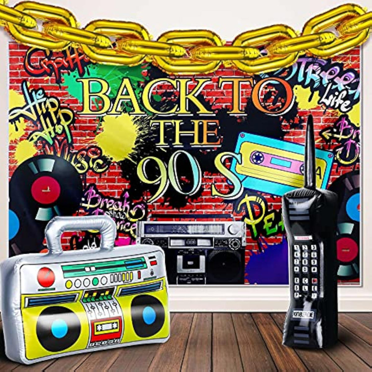 27Pcs 80S 90S Disco Themed Party Decorations Supplies Includes Inflatable Radio Boombox Backdrop Inflatable Mobile Phone And 16 Inch Gold Foil Chain Balloons For 80S 90S Party(Novel Style)