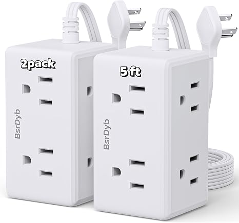 2 Pack 5FT Flat Plug Power Strip 6 Wide Outlets 3-Side White No Surge