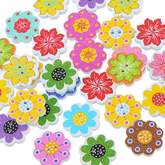50 Pcs/Pack 20Mm Multi-Color Wooden Buttons 2-Hole Flower Shaped Butto