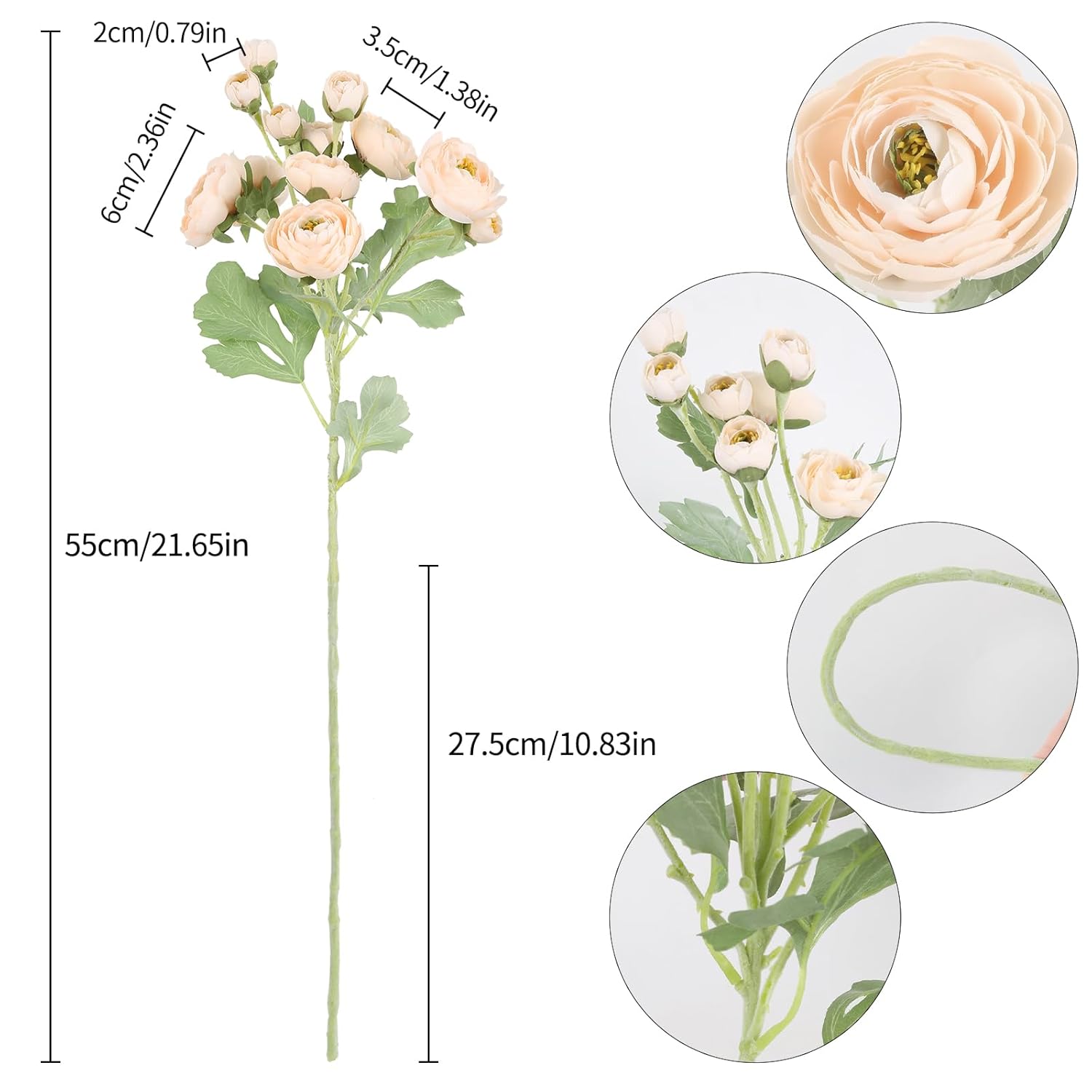 Ipopu 5Pcs Fake Peonies Artificial Ranunculus Flowers 60Heads Champagne Silk Flowers 21.65" Artificial Flowers Bulk For Wedding Floral Arrangements Home Table Centerpieces Decor (Champagne)