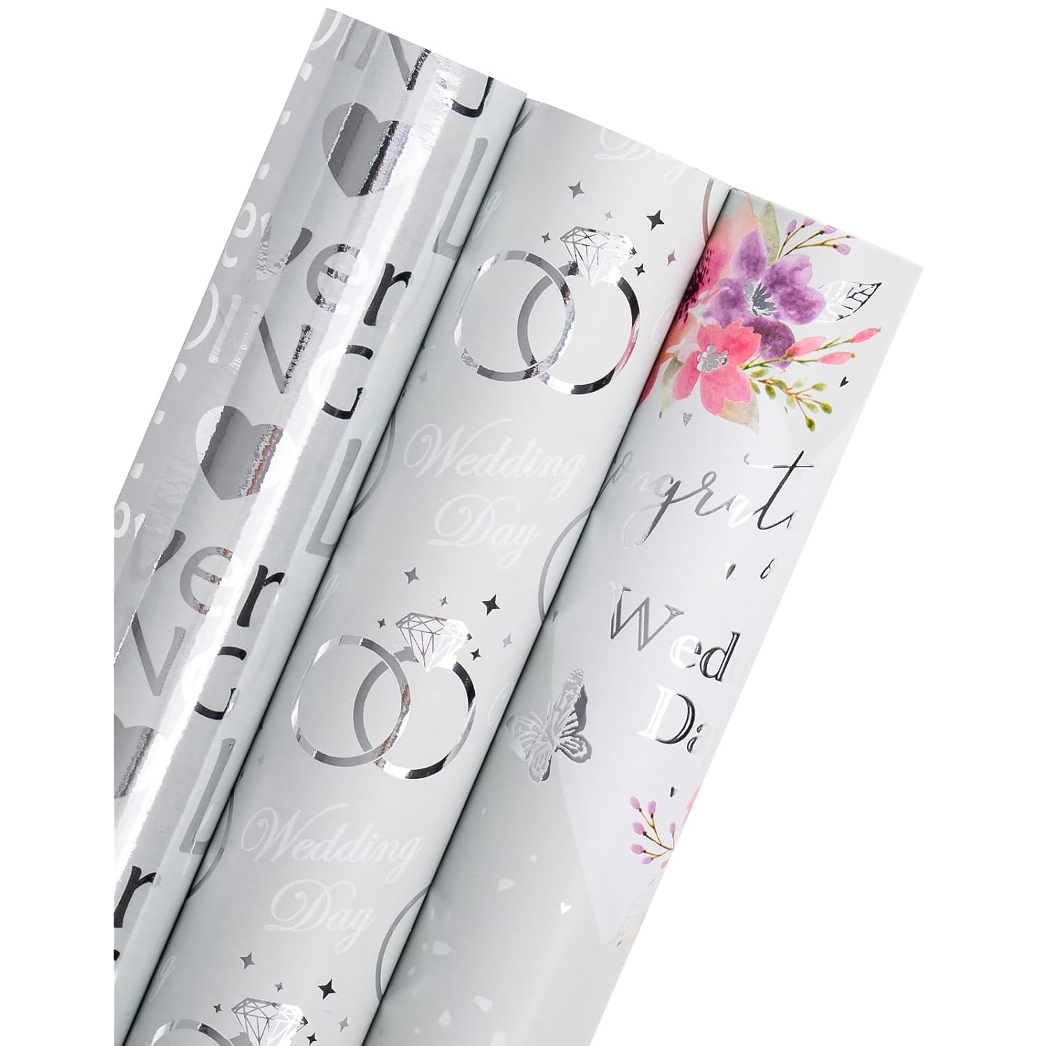 Wedding Wrapping Paper Roll - Mini Roll - 3 Rolls - 17 Inch X 120 Inch Per Roll - Silver Foil Diamond Ring And Floral Design For Celebration, Party, Holiday