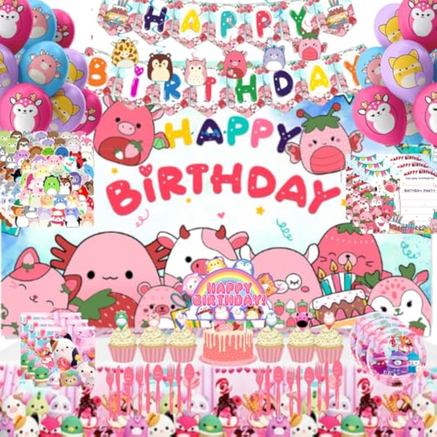 201 Pcs Birthday Party Supplies, Pink Strawberry Animal Theme Banner Backdrop Balloons