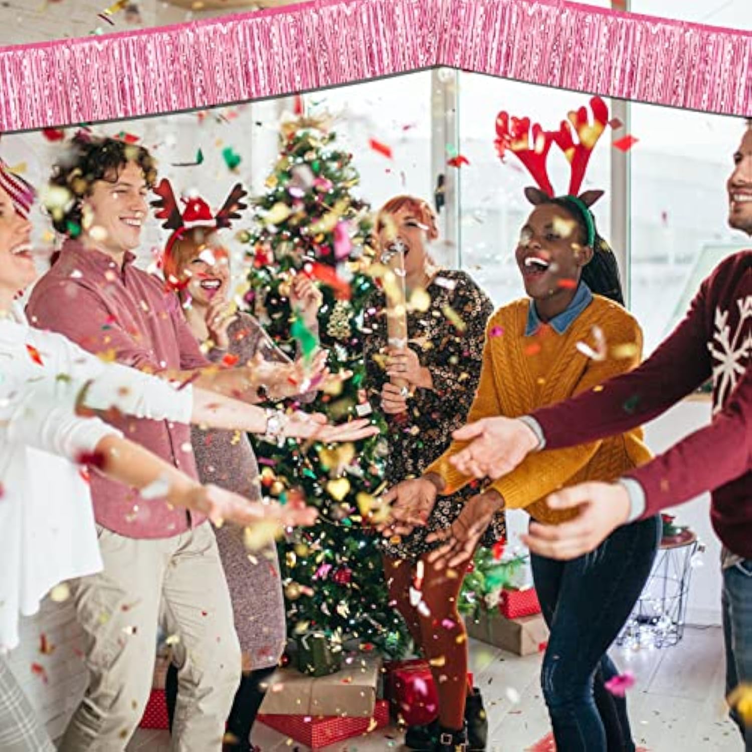 6 Pack 10 Feet Foil Fringe Garland Metallic Tinsel Streamers Banner Wall Hanging Curtain Backdrop Banner For Parade Floats, Thanksgiving, Christmas, Birthday, Halloween Party Decorations(Pink)