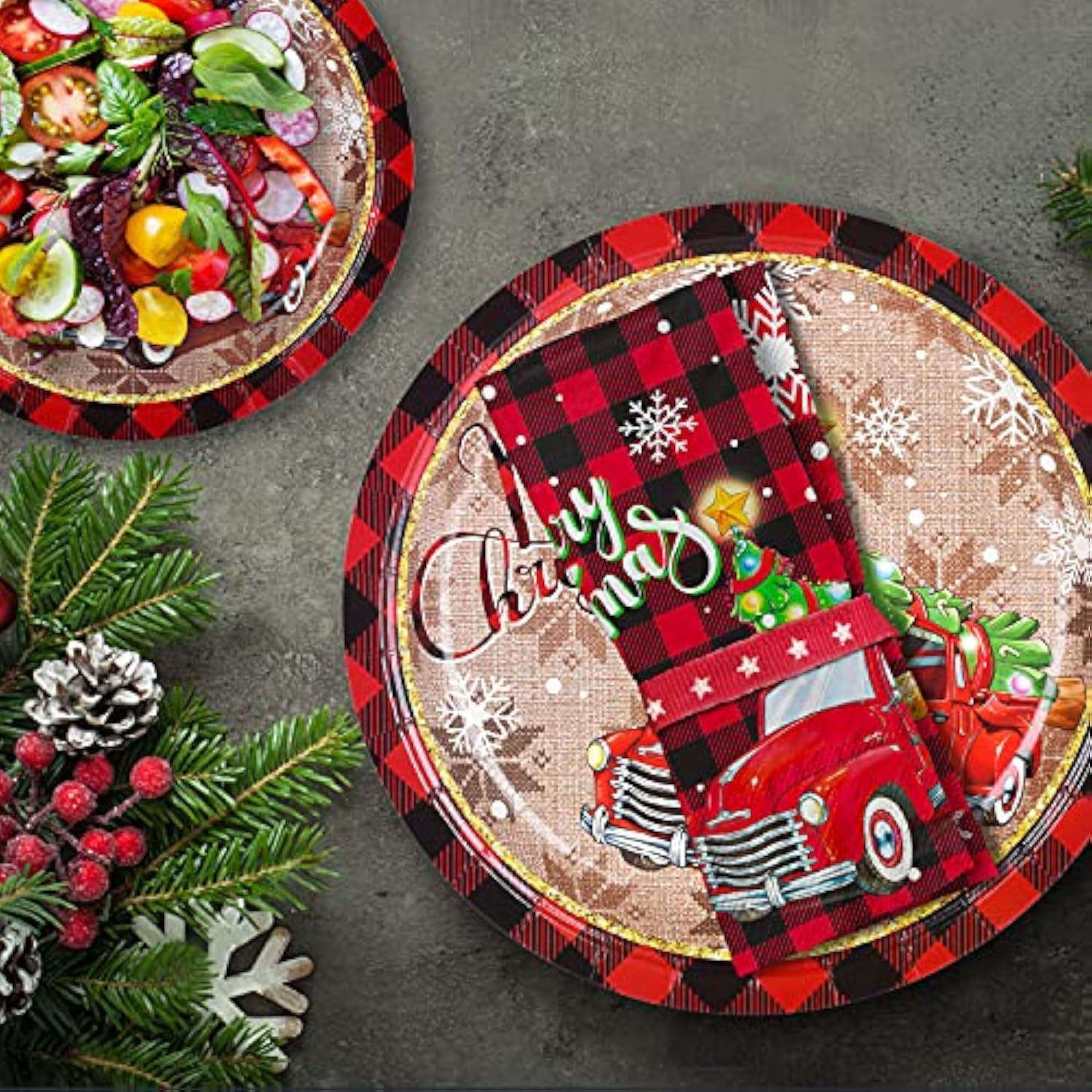 Pickup Truck Christmas Tree Disposable Paper Plates And Napkins For Merry Christmas Party Supplies - Serve 50
