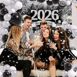 114pcs Black Silver New Year 2026 Balloons Garland Arch Banner Kit