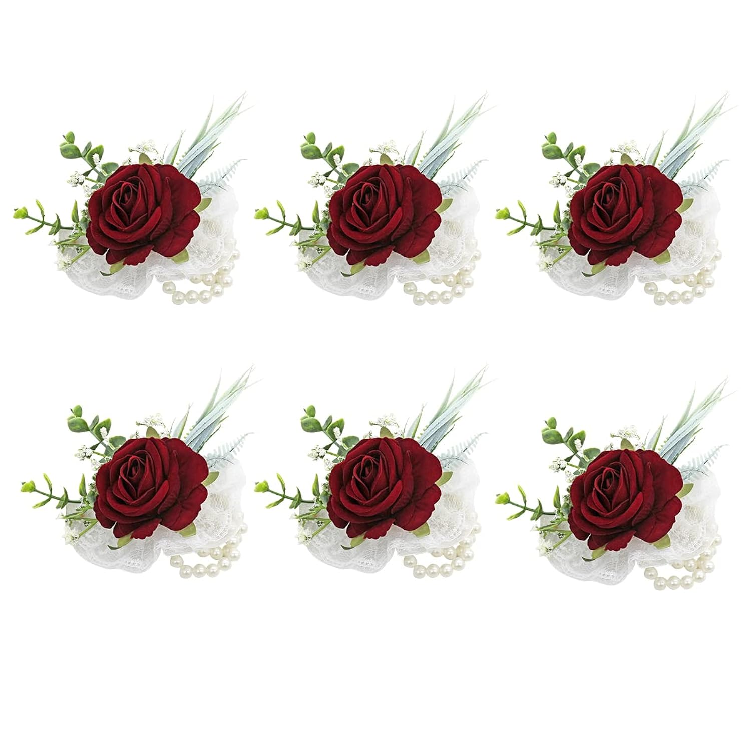 Set Of 6 Burgundy Wedding Wrist Flower Wine Red Floral Wrist Corsage Bridal Rose Leaf Hand Flowers For Bride And Bridesmaid Festival Prom Engagement