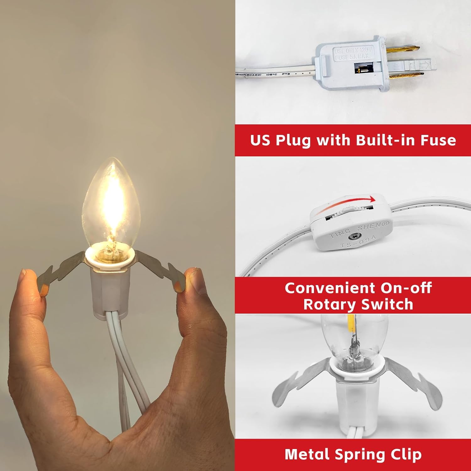 6-Bulb 12Ft Light Cord For Christmas Village Houses Accessories, Clip Light For Blow Mold, Replacement C7 Led Lights Wit