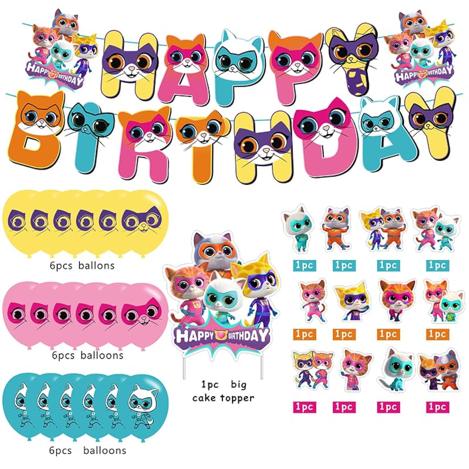 Super Cats Birthday Set – Banner, Toppers & Balloons for Kids Party Decor
