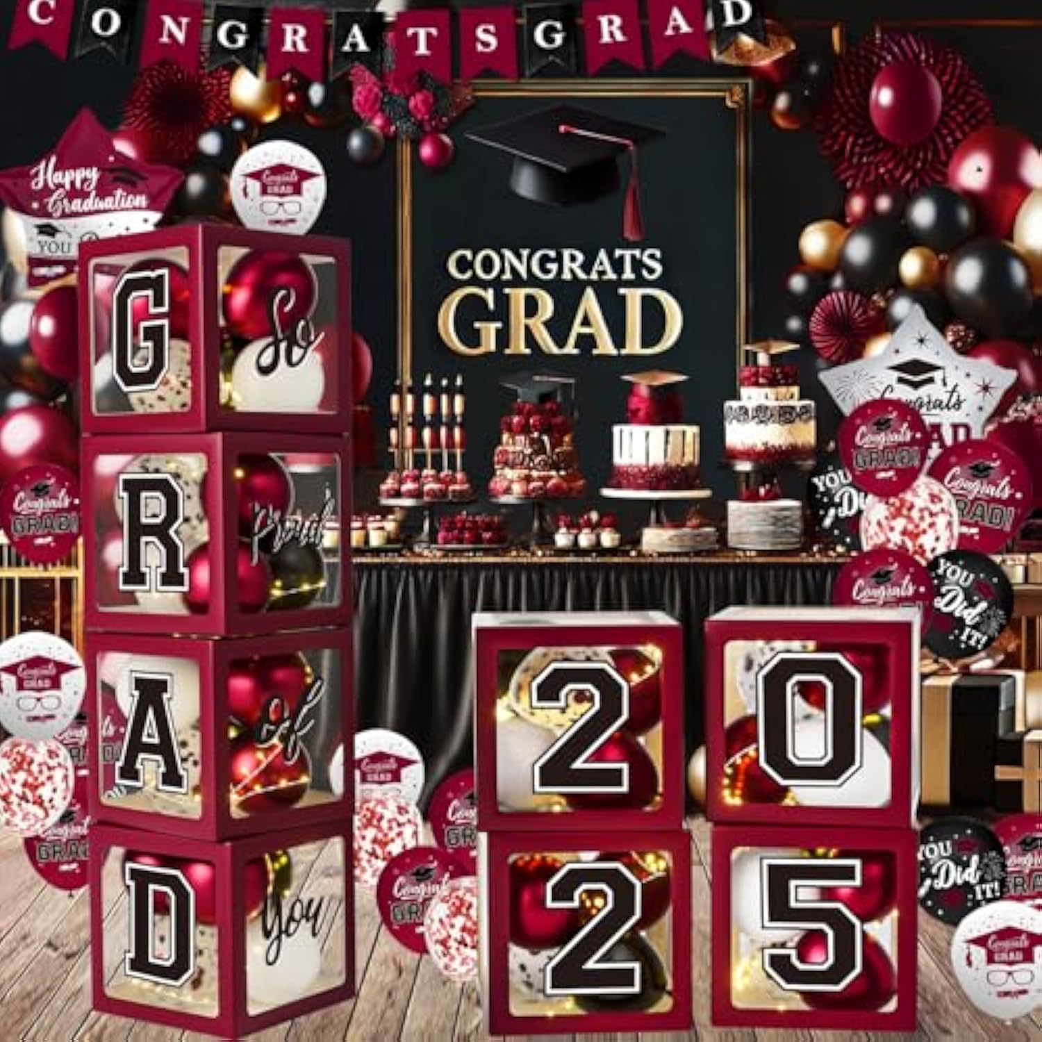 Maroon Themed 2025 Graduation Decorations Set - Balloons Boxes With Letters 2025 Grad So Proud Of You - Complete Party Supplies For High School & College Celebrations