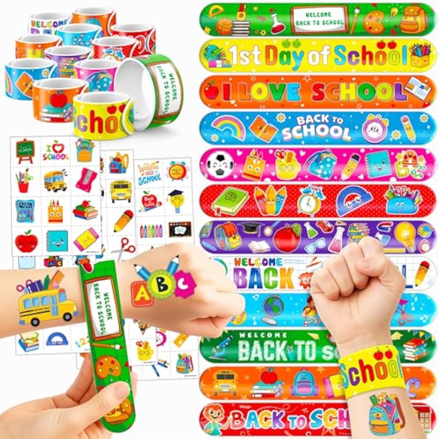 144 Pcs Back To School Party Favors - 72 Temporary Pre-Cut Tattoos & 72 Slap Bracelets - Perfect For Themed Parties, Baby Showers, Classroom Rewards & Gifts For Kids