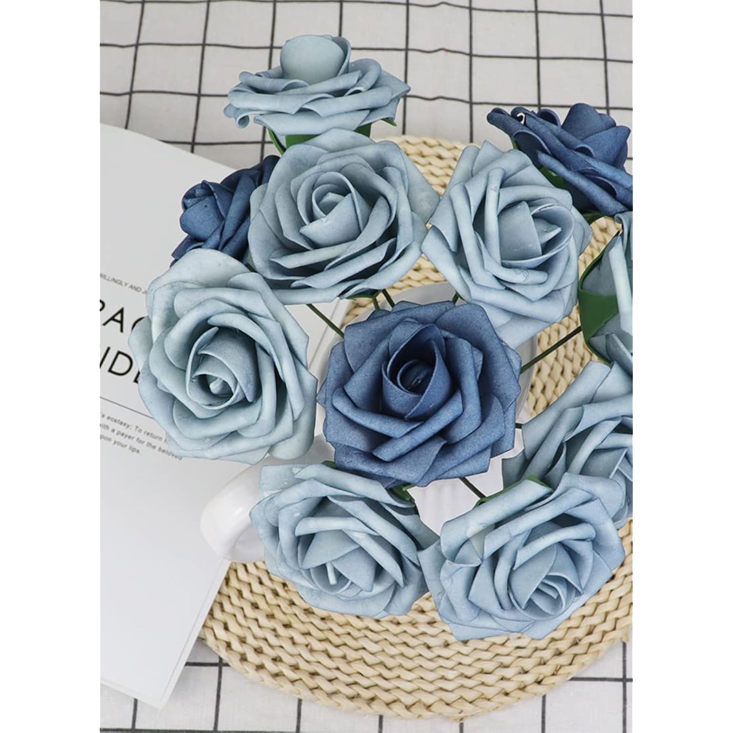 50Pcs Artificial Flower?Real Touch Foam Roses W/Stem Diy For Wedding Bouquet Centerpieces Party Shower Home Decor-Dusty Blue Shades