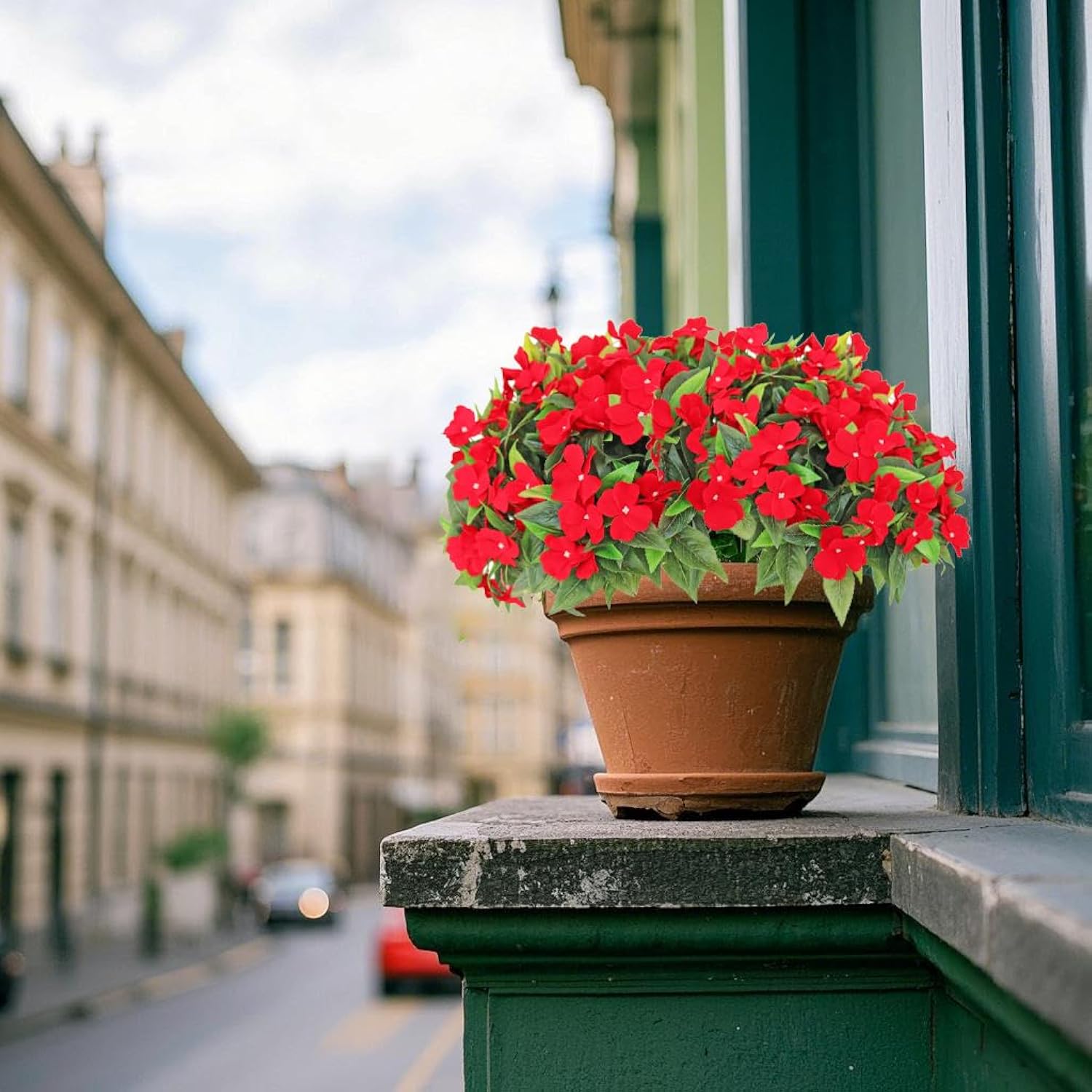 2Pcs Artificial Impatiens Bushes Silk Flowers Greenery Indoor Garden Office Wedding Decor (Red)