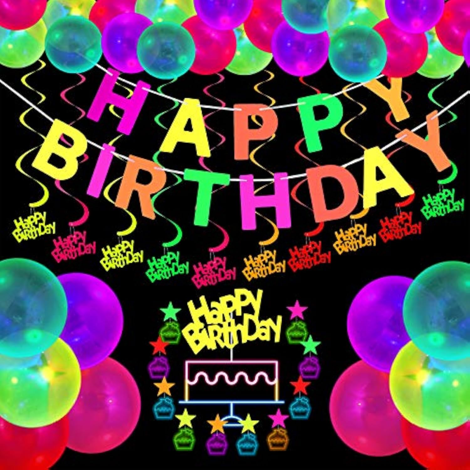 Glow Neon Party Supplies Set Glow In The Dark Happy Birthday Banner With Uv Black Light Reactive Cake Topper Swirls Neon Fluorescent Latex Balloons Stars For Birthday Party