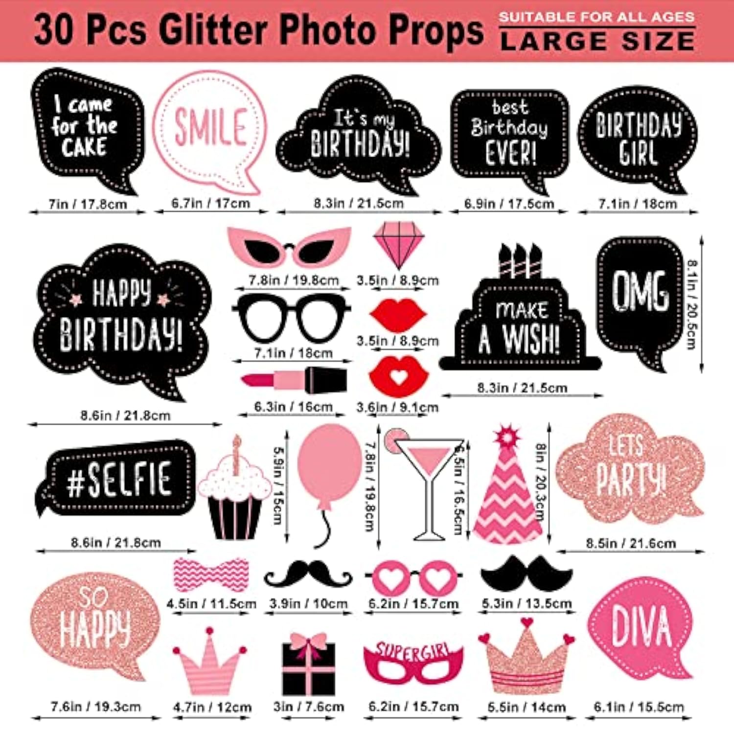 30 Pcs Rose Gold Birthday Photo Booth Props Kit with Real Glitter Designs