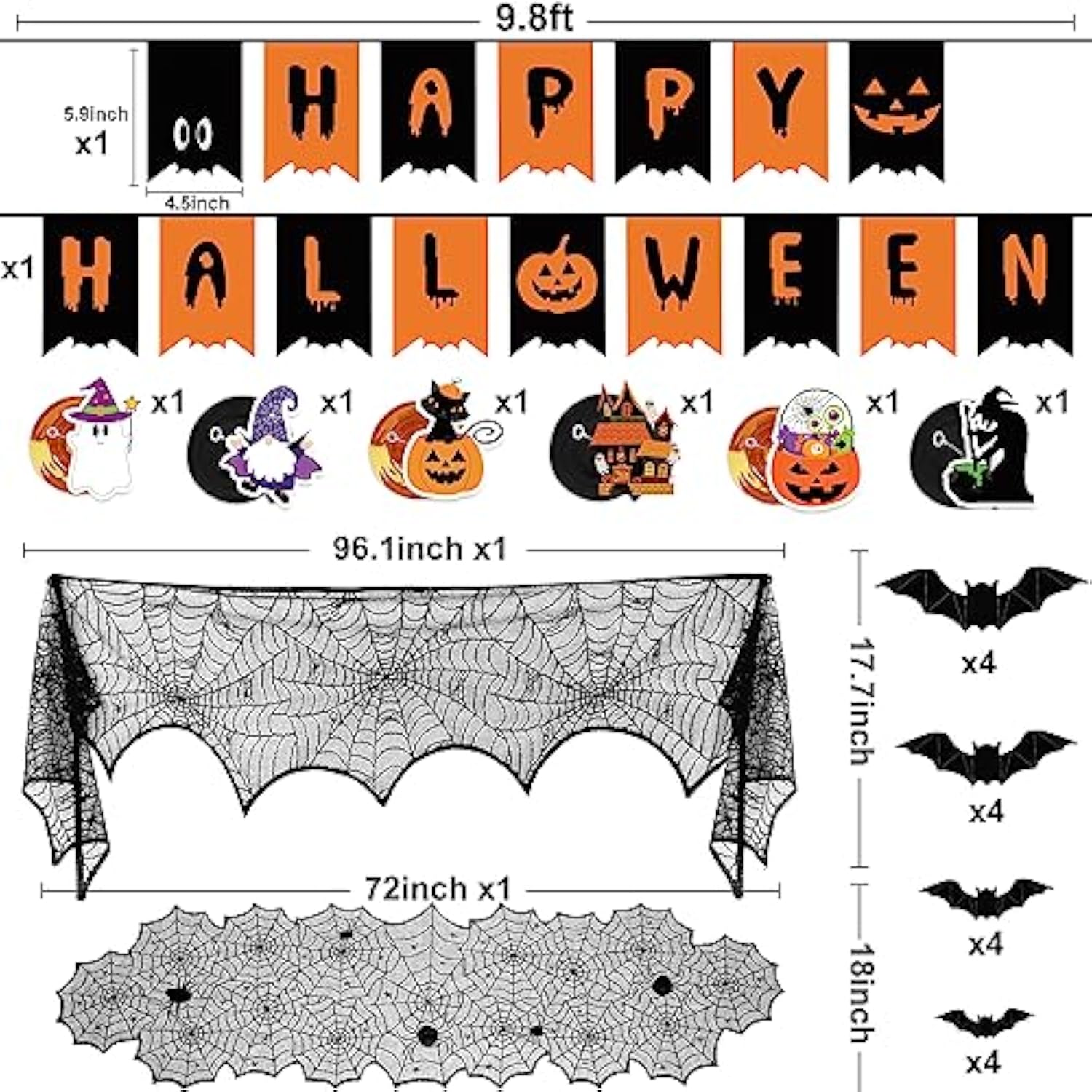 Halloween Decorations Indoor Set with Banner Hanging Swirls Table Runner Mantel Scarf Bats