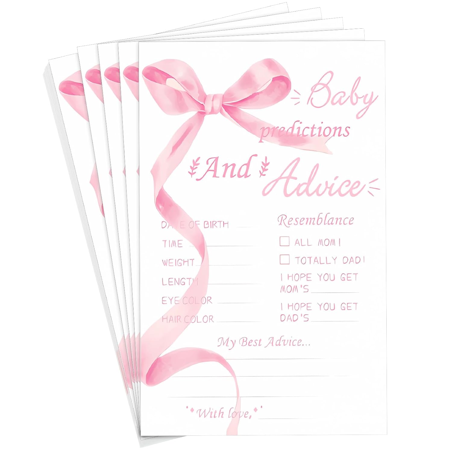 50 Pcs Coquette Baby Shower Prediction And Advice Cards Pink Bow Prediction Wishes For Baby Shower Games Activity Gender Reveal Party Supplies Mom Dad Party Decorations