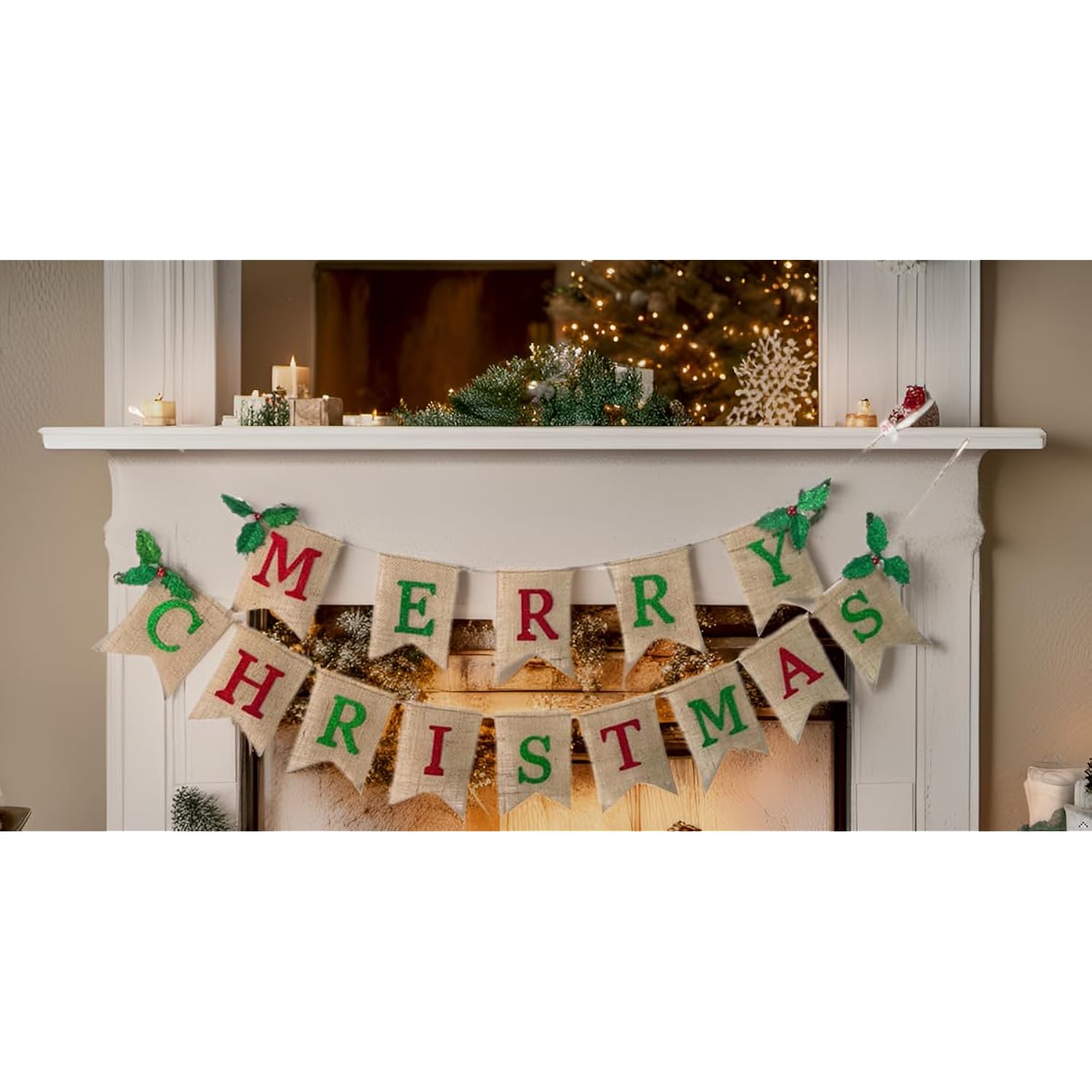 10Ft Merry Christmas Burlap Banner Natural Burlap Christmas Decorations Banner With Holly Leaves Christmas Bunting Garland For Xmas Party Home Fireplace Indoor Outdoor Holiday Decor