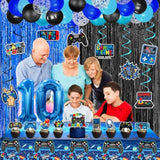 71Pcs Video Game 10Th Birthday Party Decorations, Blue Black Level 10 Birthday Decorations Banner Hanging Swirls Balloons Garland Arch Foil Curtains Tablecloth For Boys 10Th Birthday Decorations