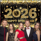 2026 Happy New Year Banner 5×3 Ft Black Gold Backdrop for Party and Photos