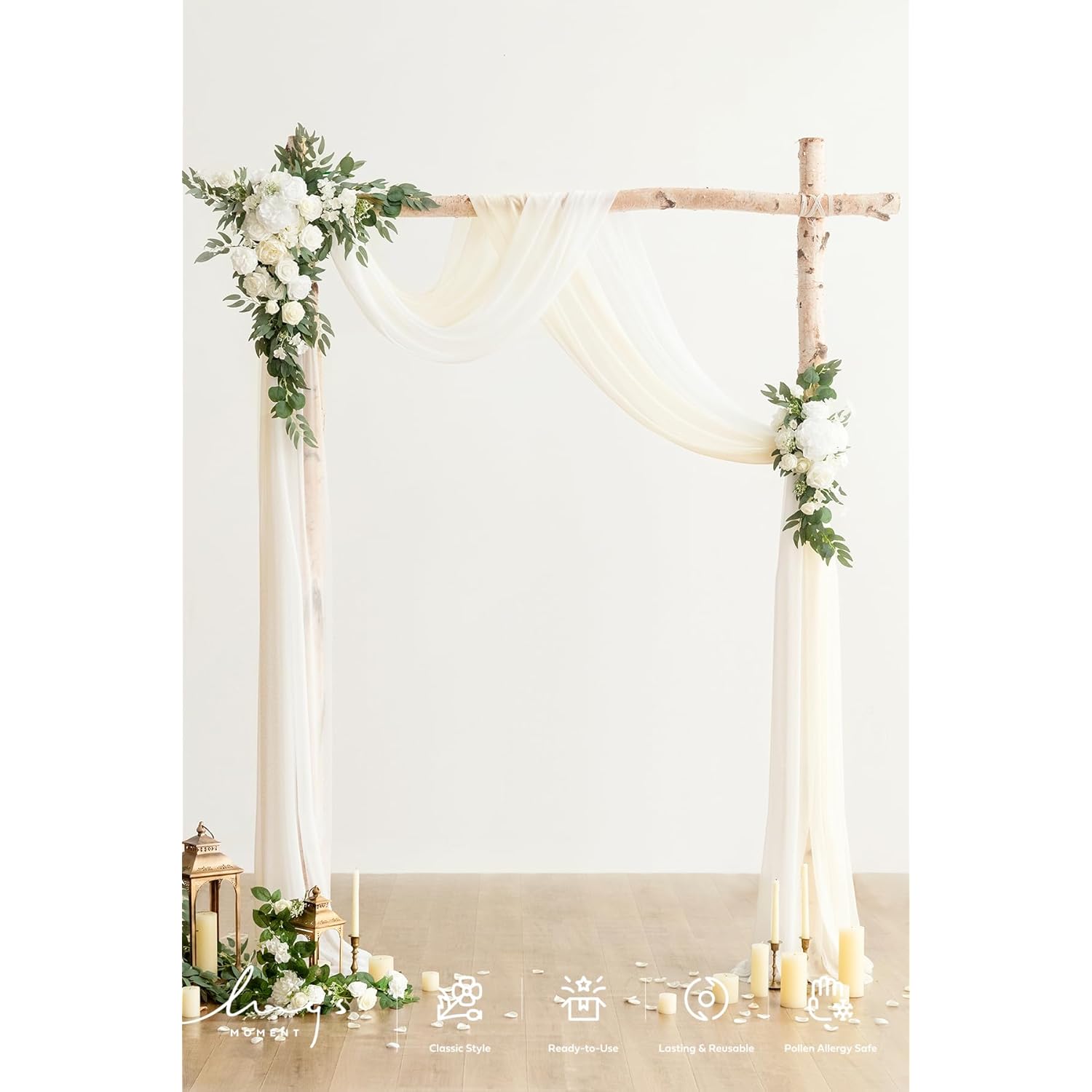 Artificial Wedding Arch Flowers Kit Pack Of 4, 2Pcs Hanging Silk Flowers Arrangement 2Pcs Chiffon Drapes Ceremony Spring Fake Rose Arbor Backdrop White Sage Floral Party Outdoor Decor